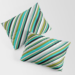 [ Thumbnail: Colorful Grey, Green, Dark Turquoise, Black, and Mint Cream Colored Lined/Striped Pattern Pillow Sham ]