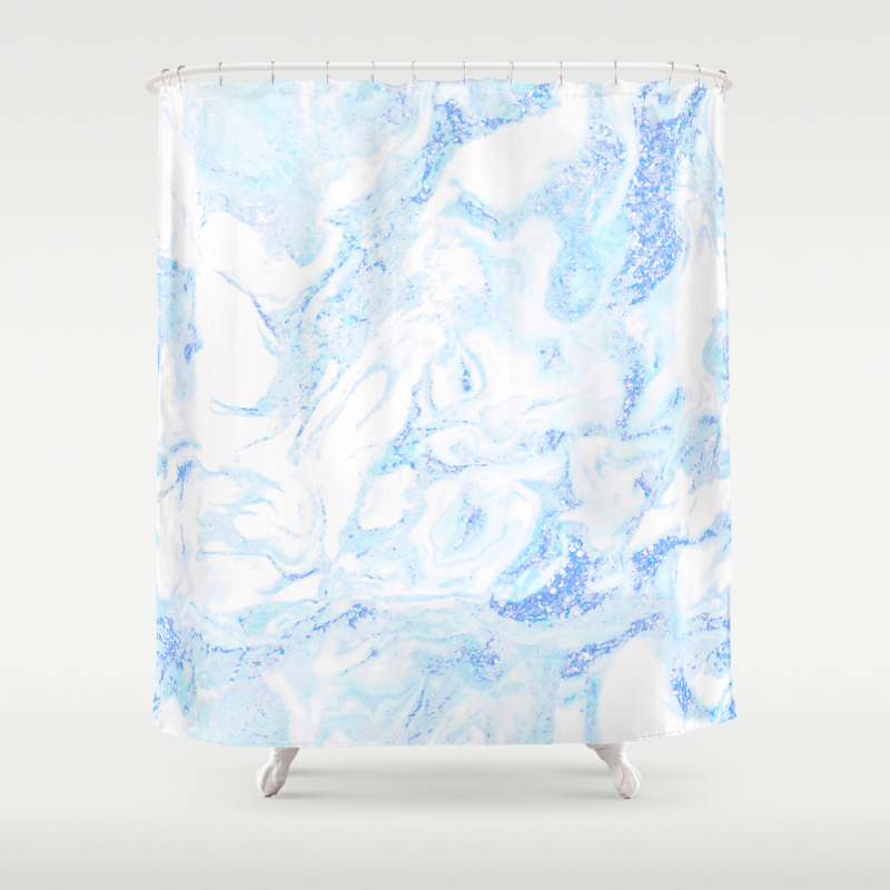 White Marble With Pastel Blue Purple, Teal Shimmer Shower Curtain