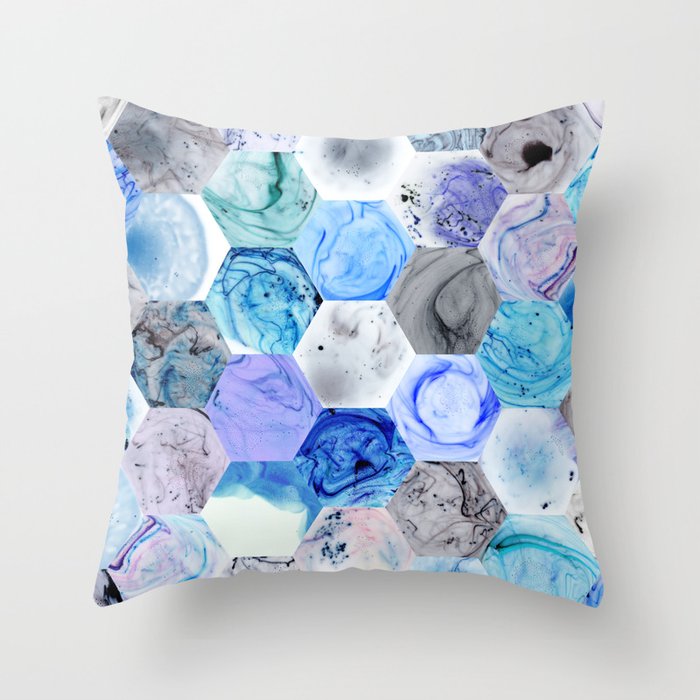 Blue Marbled Hexies Throw Pillow | Abstract, Digital