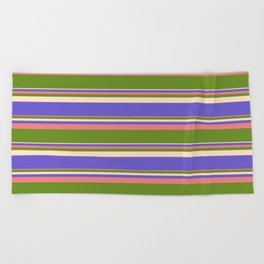 [ Thumbnail: Light Coral, Green, Bisque & Slate Blue Colored Striped/Lined Pattern Beach Towel ]