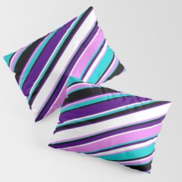 [ Thumbnail: Eyecatching Violet, Dark Turquoise, Black, Indigo & White Colored Lines/Stripes Pattern Pillow Sham ]