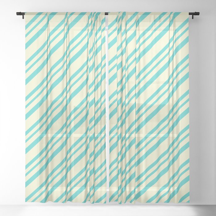 Light Yellow and Turquoise Colored Lined Pattern Sheer Curtain