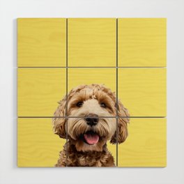 Happy Goldendoodle on Yellow Background Wood Wall Art