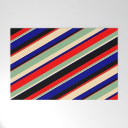 [ Thumbnail: Dark Sea Green, Beige, Dark Blue, Black & Red Colored Lines/Stripes Pattern Welcome Mat ]