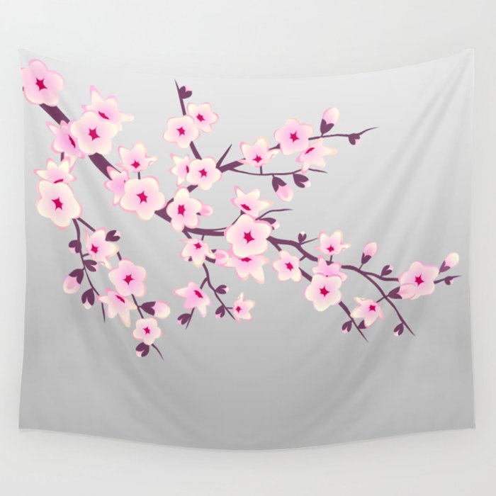 Cherry Blossom Pink Gray Wall Tapestry