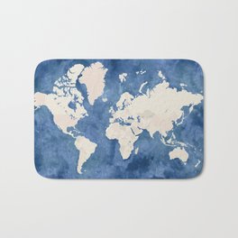 Navy blue watercolor and light brown world map Bath Mat
