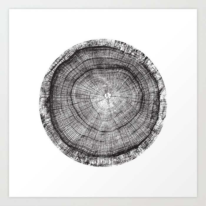 Detailed black and white reclaimed wood tree with circle growth rings pattern Art Print