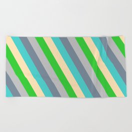 [ Thumbnail: Eyecatching Grey, Light Slate Gray, Turquoise, Beige & Lime Green Colored Stripes/Lines Pattern Beach Towel ]