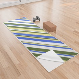 [ Thumbnail: Dark Olive Green, Tan, Royal Blue, and White Colored Stripes Pattern Yoga Towel ]