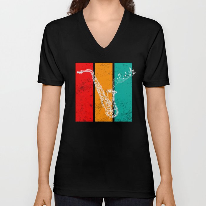 Saxophone Vintage Style With Music Notes V Neck T Shirt