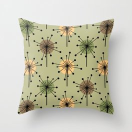 Atomic Era Sputnik Starburst Flowers Olive Green Throw Pillow