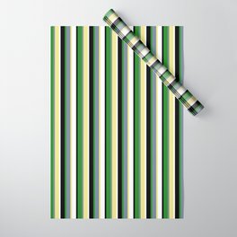 [ Thumbnail: Eyecatching Tan, Light Slate Gray, Forest Green, Black, and White Colored Lined/Striped Pattern Wrapping Paper ]