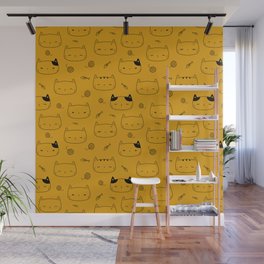 Mustard and Black Doodle Kitten Faces Pattern Wall Mural
