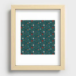 Ladybug and Floral Seamless Pattern on Teal Blue Background Recessed Framed Print