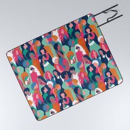 Every day we glow International Women's Day // midnight navy blue background green curious blue cerise pink and orange copper humans  Picnic Blanket