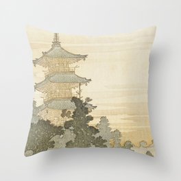 Japanese Pagoda and Rainbow - Vintage Japanese Woodblock Print Throw Pillow