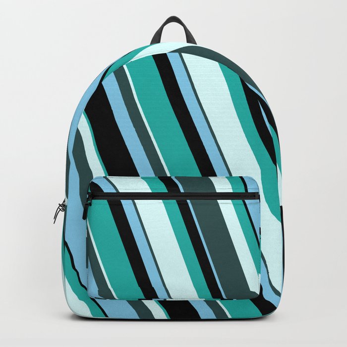 Light Sea Green, Light Cyan, Dark Slate Gray, Sky Blue, and Black Colored Striped/Lined Pattern Backpack