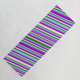 [ Thumbnail: Eye-catching Forest Green, Sky Blue, Orchid, Dark Violet, and Beige Colored Striped/Lined Pattern Yoga Mat ]
