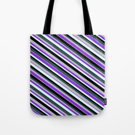 [ Thumbnail: Eye-catching Dark Slate Gray, Grey, Purple, Light Cyan, and Black Colored Lines Pattern Tote Bag ]