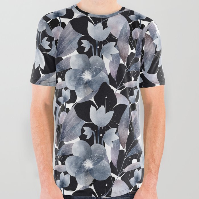 Blue Black Floral Pattern All Over Graphic Tee