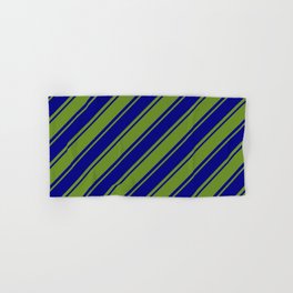 [ Thumbnail: Green & Blue Colored Striped/Lined Pattern Hand & Bath Towel ]