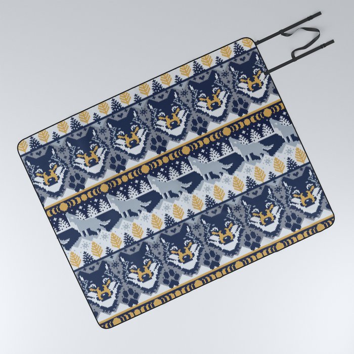 Fair isle knitting grey wolf // navy blue and grey wolves yellow moons and pine trees Picnic Blanket