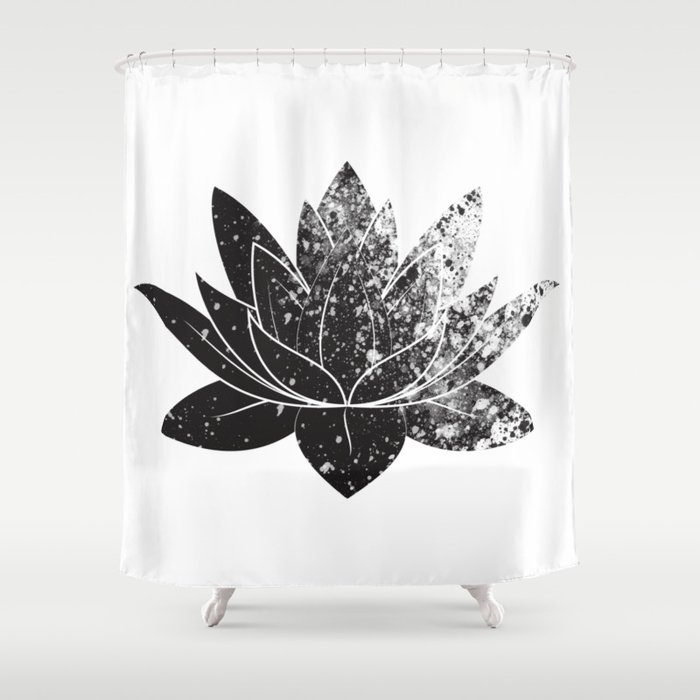 White Lotus Shower Curtain By Kris Kivu, Black And White Boho Fabric Shower Curtain