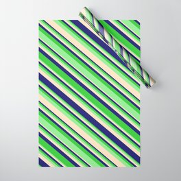 [ Thumbnail: Lime Green, Light Green, Bisque, and Midnight Blue Colored Lined Pattern Wrapping Paper ]