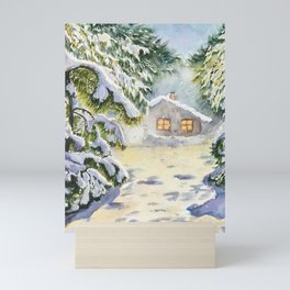 Winter Hut Watercolour Painting by Monika Mini Art Print