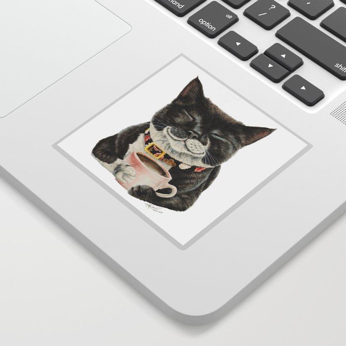 Purrfect Morning , cat with her coffee cup Sticker