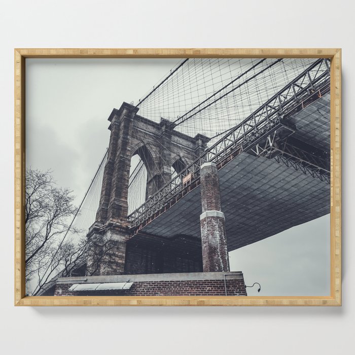 Brooklyn Bridge during winter snowstorm blizzard in New York City Serving Tray