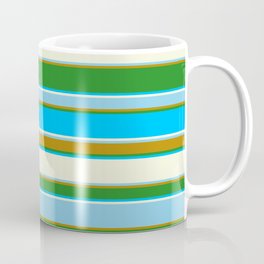 [ Thumbnail: Forest Green, Deep Sky Blue, Beige, Sky Blue, and Dark Goldenrod Colored Striped/Lined Pattern Coffee Mug ]