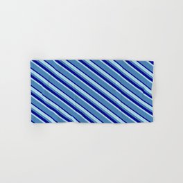 [ Thumbnail: Light Blue, Blue & Dark Blue Colored Lined/Striped Pattern Hand & Bath Towel ]