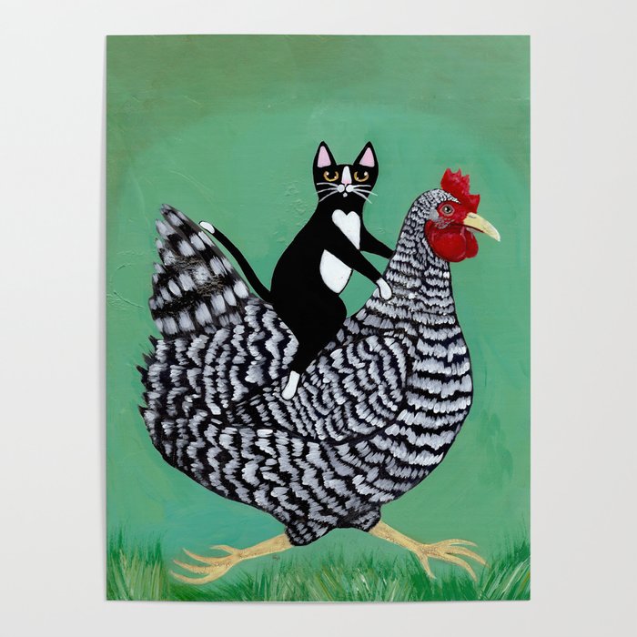 Cat on a Chicken Poster | Painting, Animals, Illustration, Humor, Acrylic, Original, Cat, Art, Folk-art, Painting