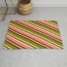 [ Thumbnail: Salmon, Black, Green, and White Colored Lines Pattern Rug ]