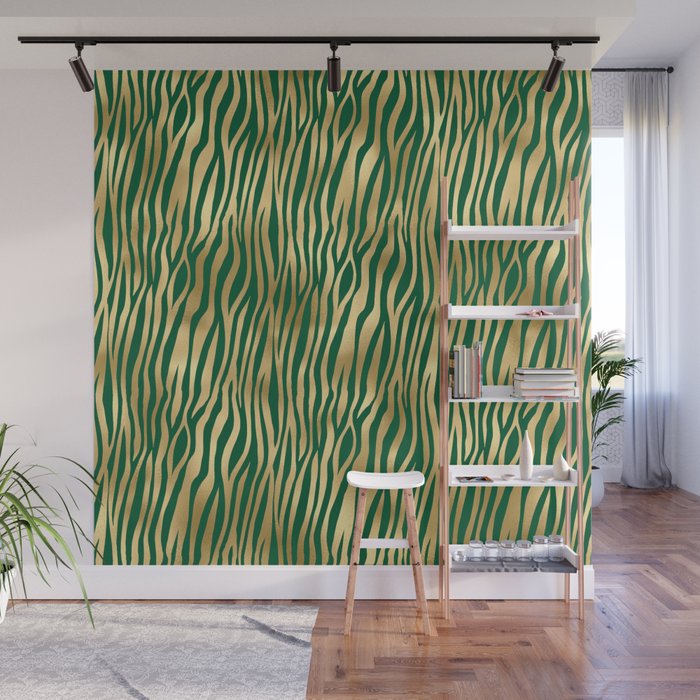 Green Gold Zebra Skin Print Pattern Wall Mural
