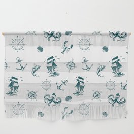 Teal Blue Silhouettes Of Vintage Nautical Pattern Wall Hanging