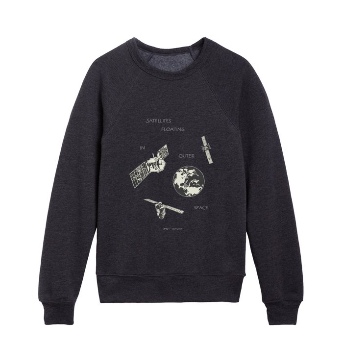satellites floating in outer space Kids Crewneck
