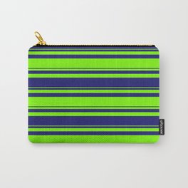 [ Thumbnail: Green and Midnight Blue Colored Lines/Stripes Pattern Carry-All Pouch ]