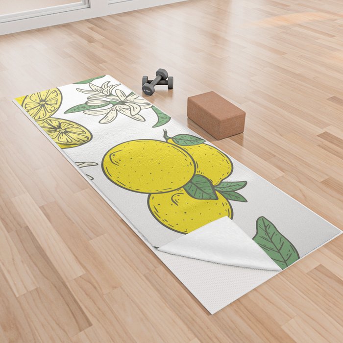 Tropical Yellow Lemon Fruits and Green Leaves Yoga Towel