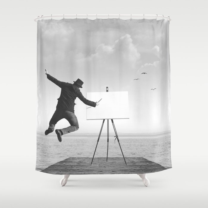 surreal black and white art painter drawing on a canvas Shower Curtain