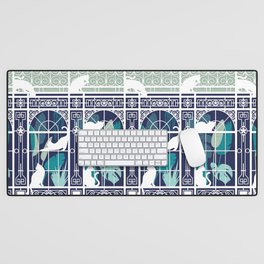 Indoor cat garden // oxford navy blue background green plants white cat silhouettes and cast-iron greenhouse architecture Desk Mat