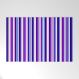 [ Thumbnail: Colorful Blue, Dark Violet, Cornflower Blue, Beige, and Plum Colored Lined Pattern Welcome Mat ]