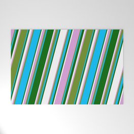 [ Thumbnail: Eye-catching Plum, Green, Deep Sky Blue, Dark Green, and White Colored Lined/Striped Pattern Welcome Mat ]