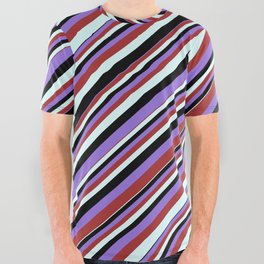 [ Thumbnail: Black, Purple, Brown, and Light Cyan Colored Stripes/Lines Pattern All Over Graphic Tee ]