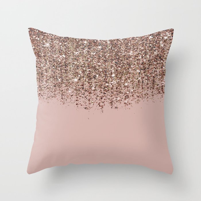 Blush Pink Rose Gold Bronze Cascading Glitter Throw Pillow by Hysteria Verve Society6