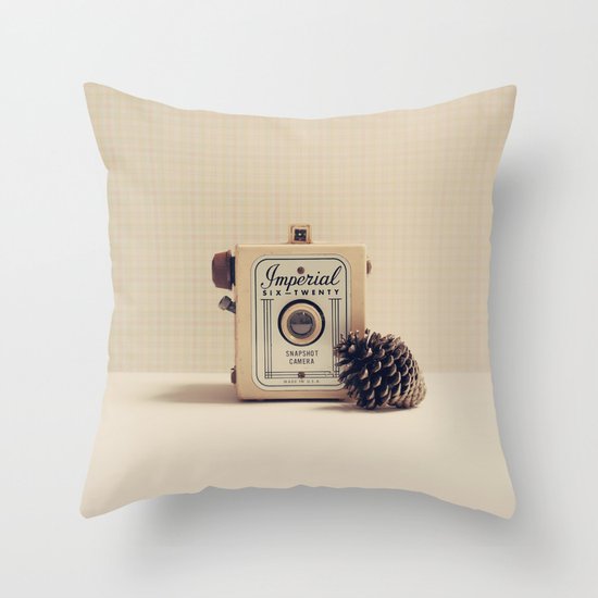 Retro Camera and Pine Cone Throw Pillow