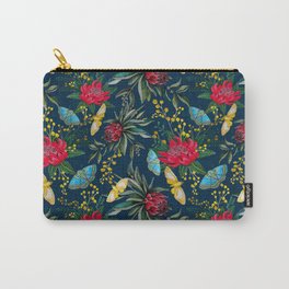 Protea and Watarah with golden wattle, Australian flowers and butterfly moths painted in watercolor Carry-All Pouch