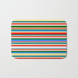 [ Thumbnail: Colorful Blue, Tan, Red, White, and Dark Green Colored Striped/Lined Pattern Bath Mat ]