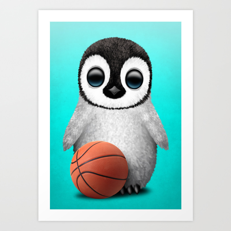 Cute Baby Penguin Playing With Basketball Art Print By Jeffbartels